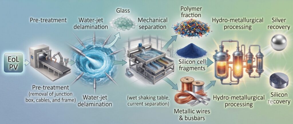 Schematic of water-jet delamination pathways for solar module recycling | Image: pv magazine/ AI generated